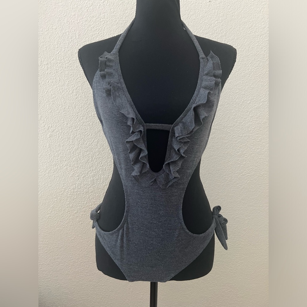 One Teaspoon Sexy Ruffle Tie One Piece Swimsuit Gray Size Small